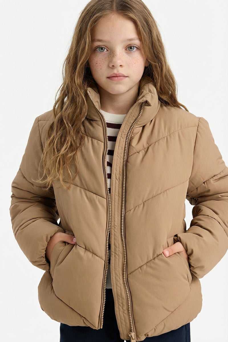 DeFacto Beige Girl Girl Waterproof Fleece Lined Puffer Jacket Casual - Image 1